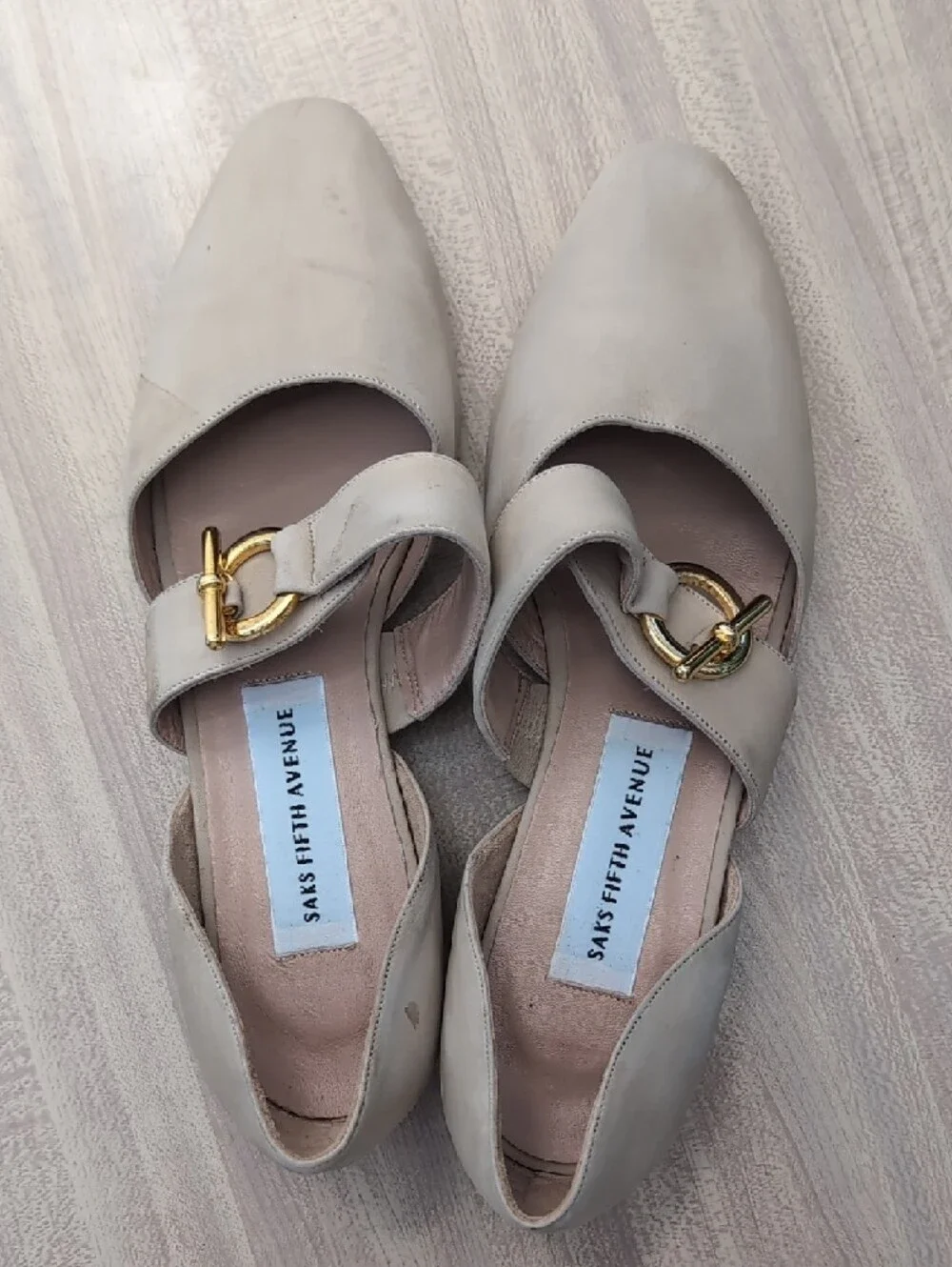 Saks Fifth Avenue Taupe Leather Pointed Flats with Gold Buckle